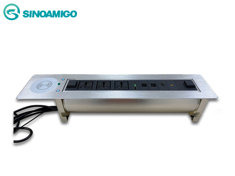 Hộp ổ cắm điện âm bàn cao cấp sinoamigo SMT-3 màu bạc mở nắp bằng điện